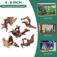 WDEFUN Natural Driftwood for Aquarium Decor, 5-Piece 5''-8'' Large Driftwood for Decorations on Fish Tank, Reptiles Bearded Dragon Accessories or Air Plants