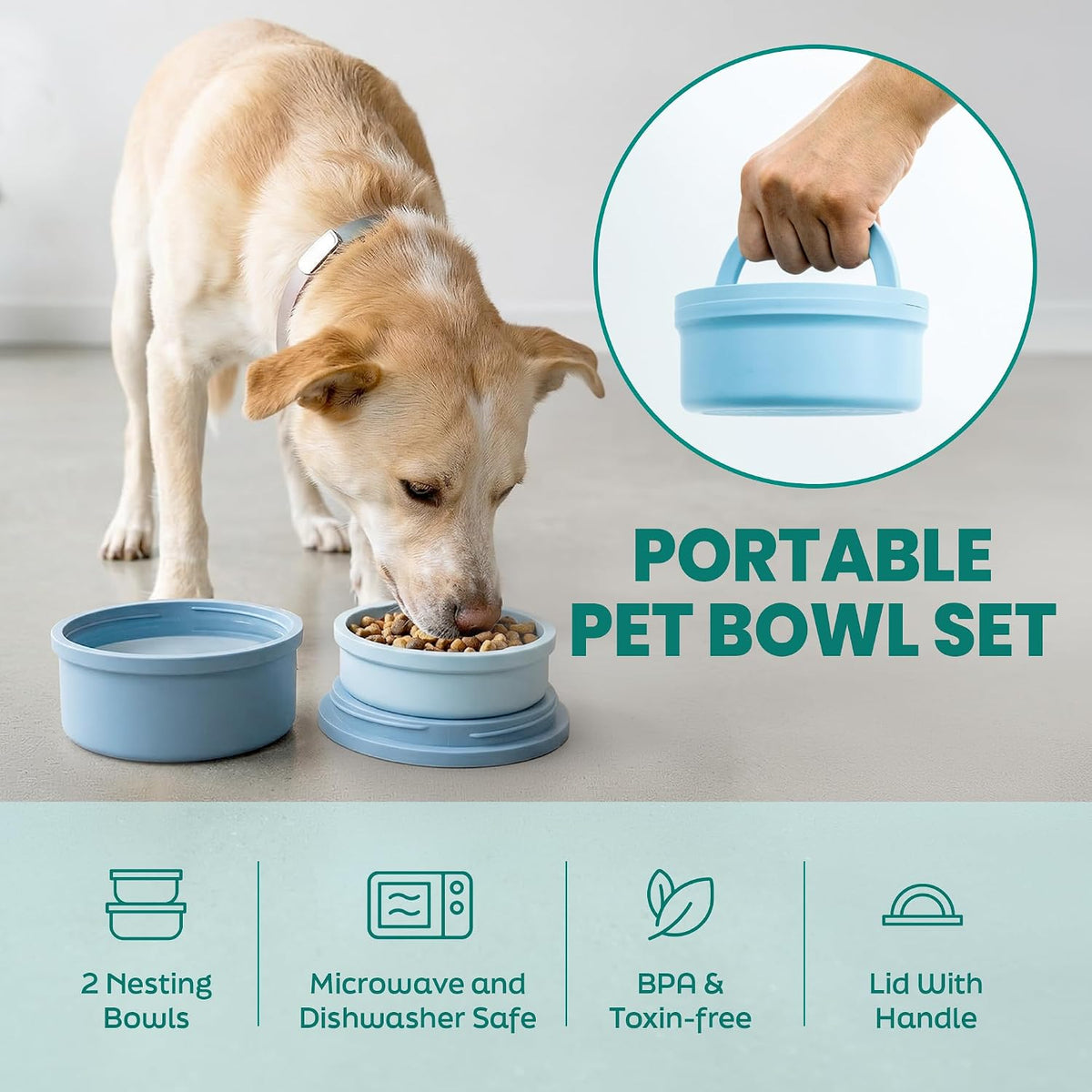Dog Travel Bowls - Set of 2 Portable Pet Food & Water Dishes with Lid & Handle - Each Nesting - Blue / Small - image 2
