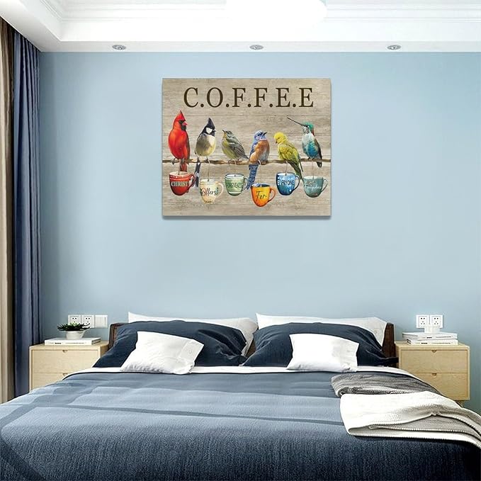 Rustic Bird Coffee Wall Art Kitchen Christ Coffee Pictures Wall Decor Farmhouse Cardinal Hummingbird Canvas Print Painting Artwork for Coffee Bar Living Room Bedroom 16"x20"