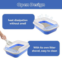 High Sided Cat Litter Box, Anti-Splashing Low Entry Cats Litter Pan with Scoop Collapsible Foldable Shallow Kitten Potty Toilet Waterproof Cat Travel Litterbox Semi-Enclosed Easy Clean(Blue)