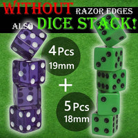 Six Senses Media dice stacking cup set with purple and green dice and a storage bag - view 2