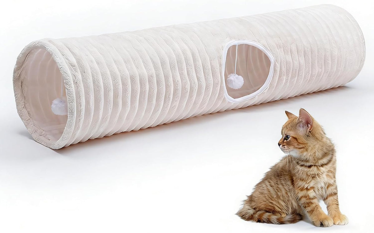 Luxurious Cat Tunnel,43" Straight Cat Tunnel Toys with Balls for Indoor,Collapsible Peekaboo Cave - White Stripe