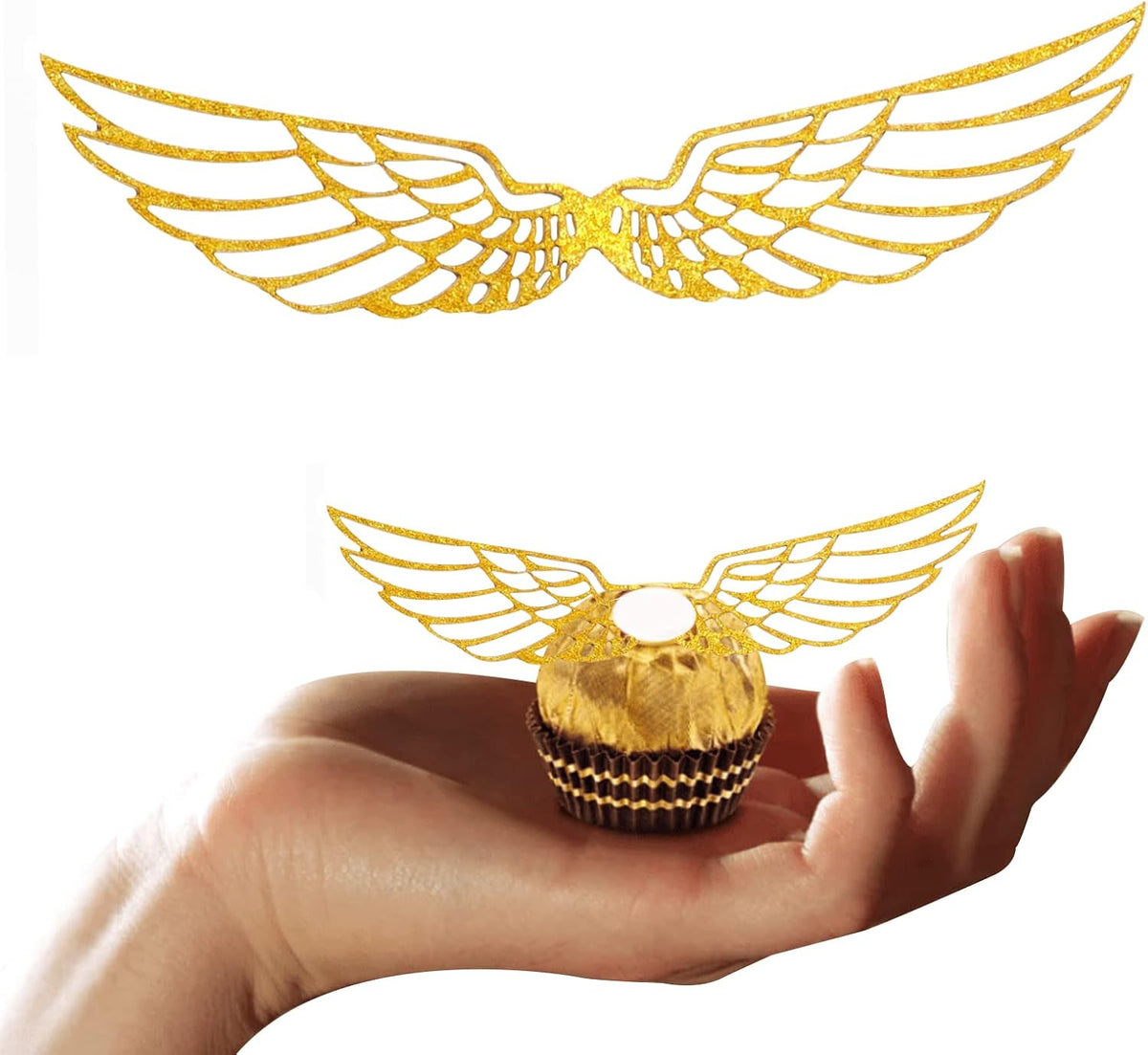 Fifty shiny golden paper wing chocolate decorations for wizard party cupcakes - view 2
