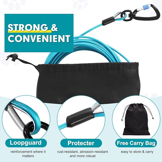 Snagle Paw Heavy Duty Long Dog Leads for Yard 120FT-1000LBS Break Strength,Dog Tie Out Cable with Swivel Lockable Hook & Spring,Chew Proof Dog Chain for Outside,Dog Run Cable for Medium Large Dogs