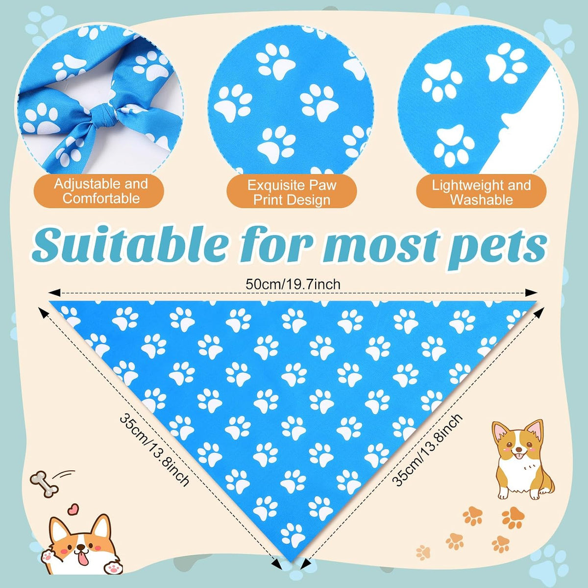 50 Pcs Halloween Dog Bandanas Bulk - 19.7 x 13.8 x 13.8 inch / Blue Paw Print / 50 - image 3