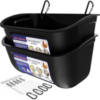 Goovilla Chicken Feeder Waterer, Hanging or Screw-in Fence Feeders with Clips, 2 Pack 5 Quart Goat Feeding Supplies, Duck Piglet Sheeple Coop Dog Livestock Poultry Plastic Feeder Trough Bucket, Black