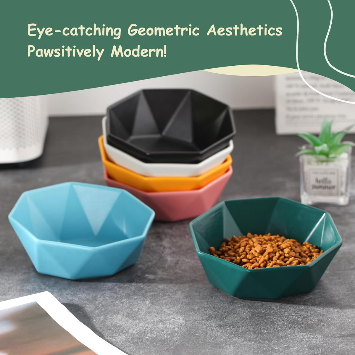 Ceramic Tilted Raised Cat Bowl - Green with stand - image 4