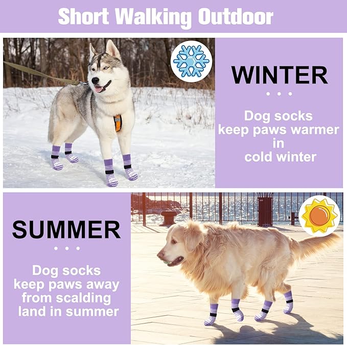 BEAUTYZOO Anti Slip Dog Socks for Small Medium Large Dogs with Grips Straps on Hardwood Floor Protection Wear, Traction Control 4 Pairs Double Side Paw Protector to Prevent Licking for Girl or Boy