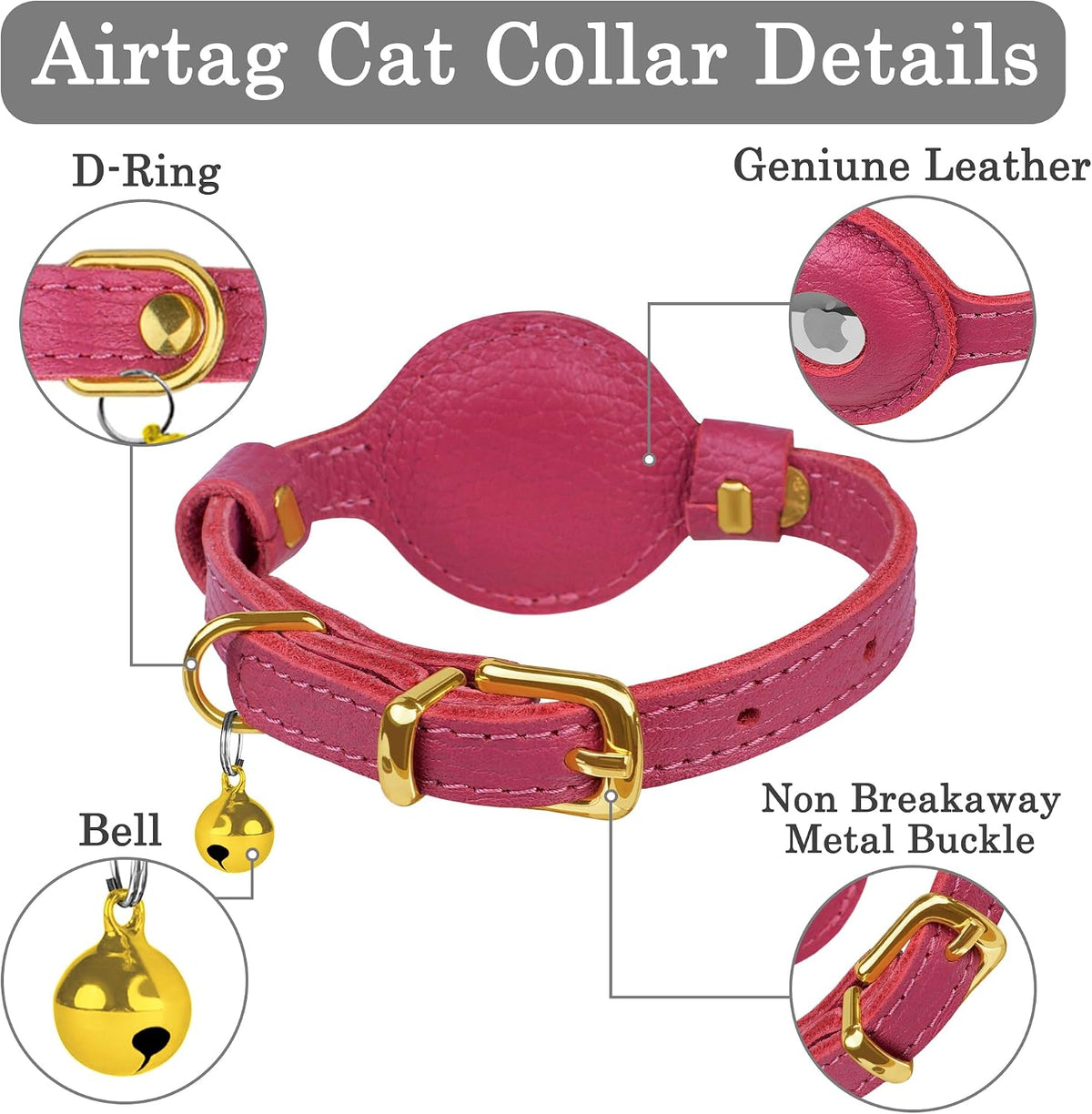 OOPSDOGGY Leather AirTag Cat Collar with Bell - Pink - image 3