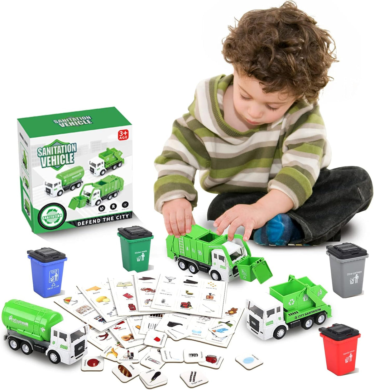 Y.L. DOYMX green garbage truck toy playset with four trucks, sorting bins, cards and play mat - view 2