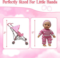 New York Doll Collection 12-inch baby doll with pacifier and pink striped fabric stroller - view 2
