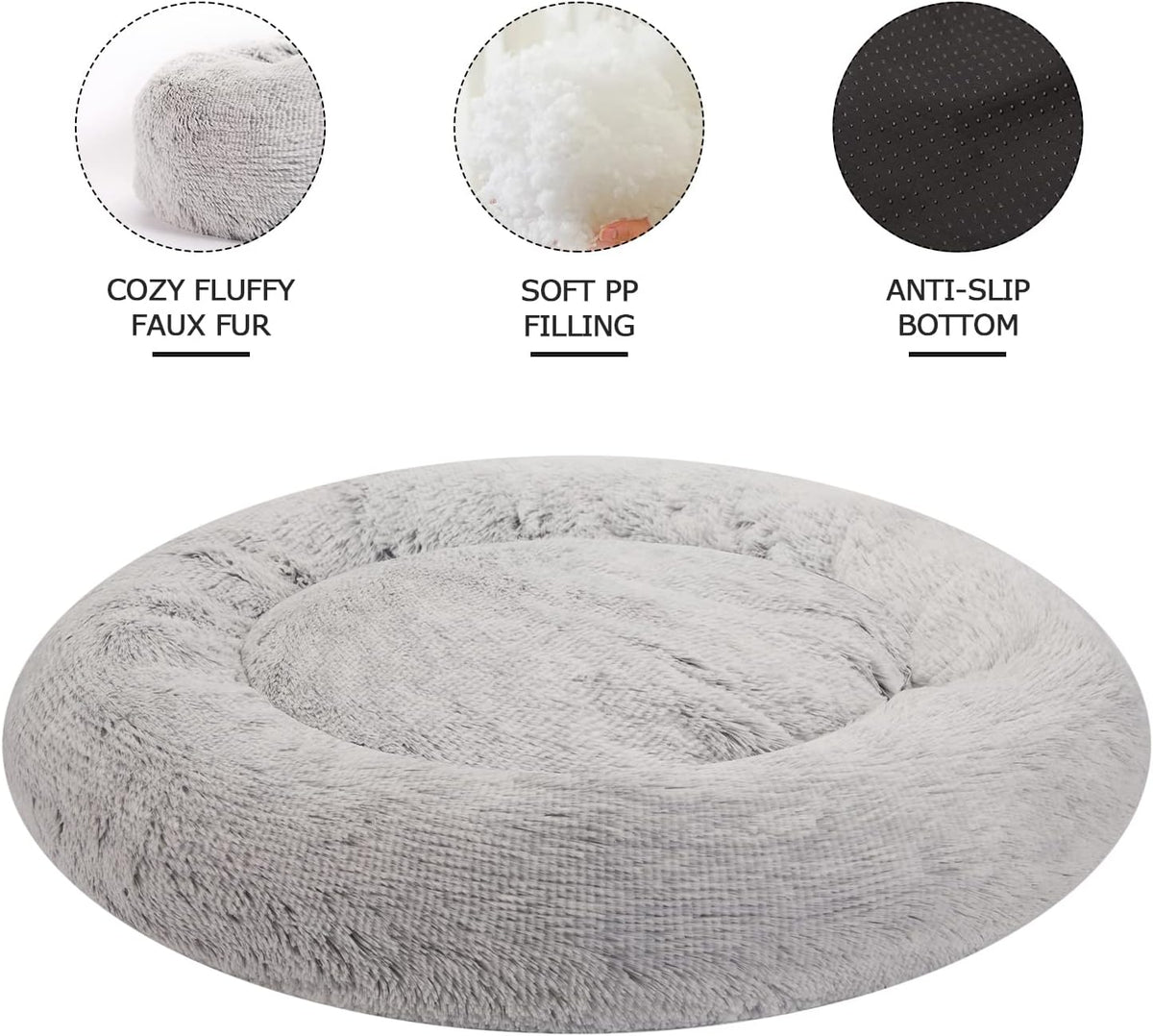 Calming Fluffy Donut Dog Bed for Large Dogs, 36" Round - 30.0"L x 30.0"W x 8.0"Th / Light Grey - image 3