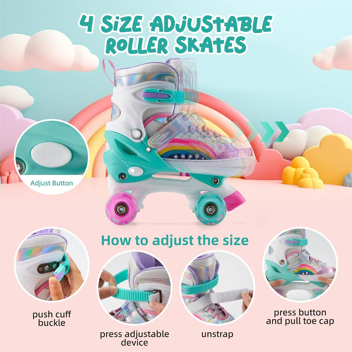 SHDSL pink rainbow light up adjustable roller skates for girls - view 8