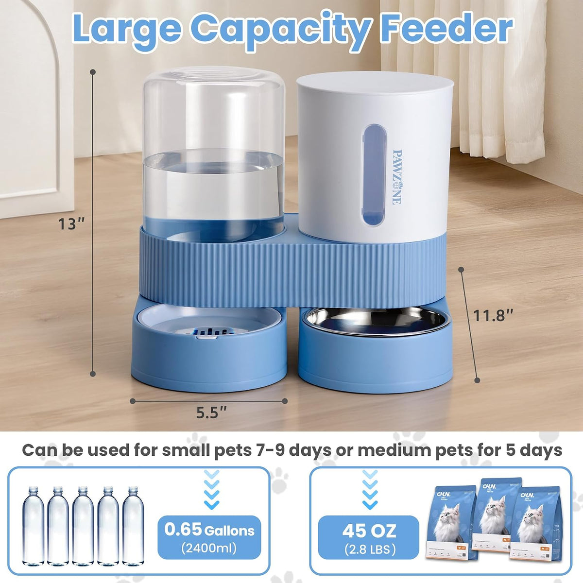 Automatic Cat Feeder Stainless Steel Water Dispenser Gravity Food - Blue - image 2