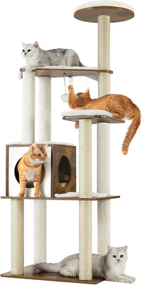 Feandrea Cat Tree, 64.6-Inch Multi-Level Tower with 5 Scratching Posts – Essentials for Cats - Rustic Brown