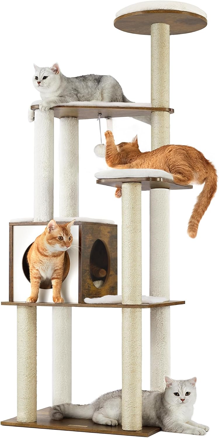 Feandrea Cat Tree, 64.6-Inch Multi-Level Tower with 5 Scratching Posts – Essentials for Cats - Rustic Brown