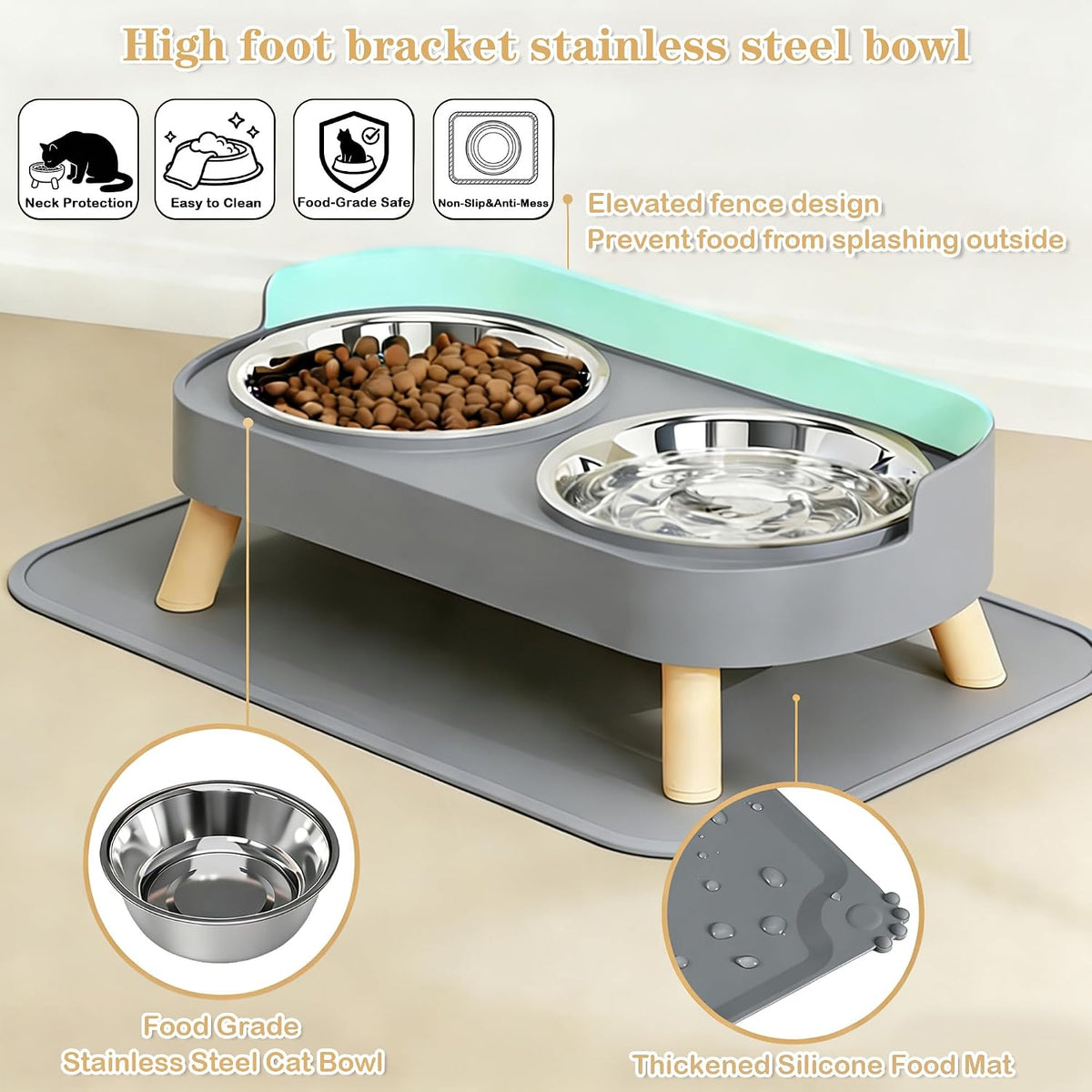 Elevated Cat Bowls with Food Mat - Grey - image 3