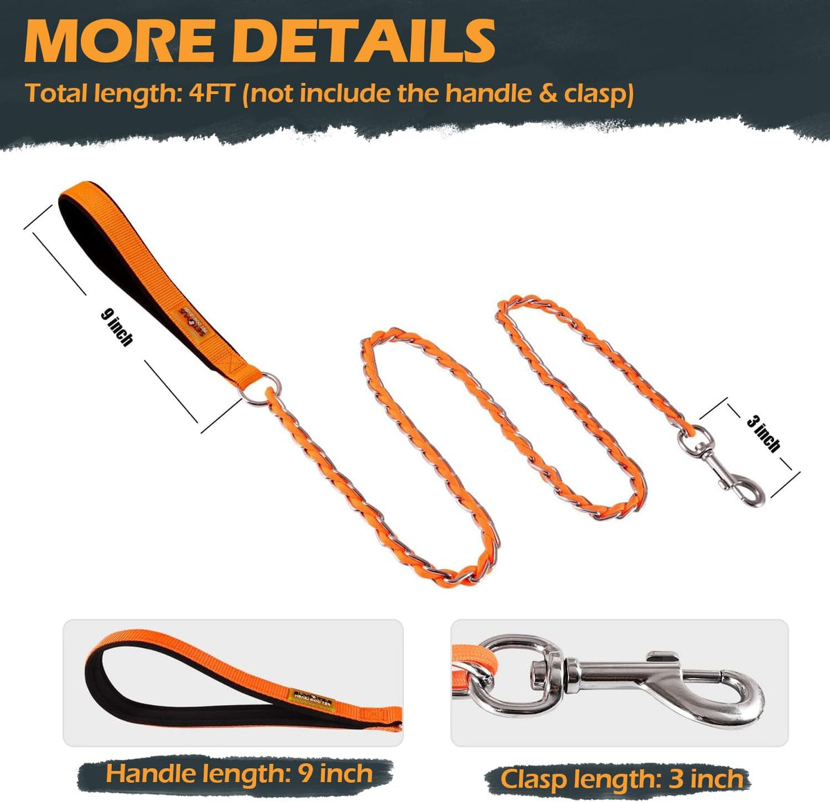 Chain Dog Leash, Bite-Proof Metal Leash - Orange / 4FT(5-30lb) - image 4