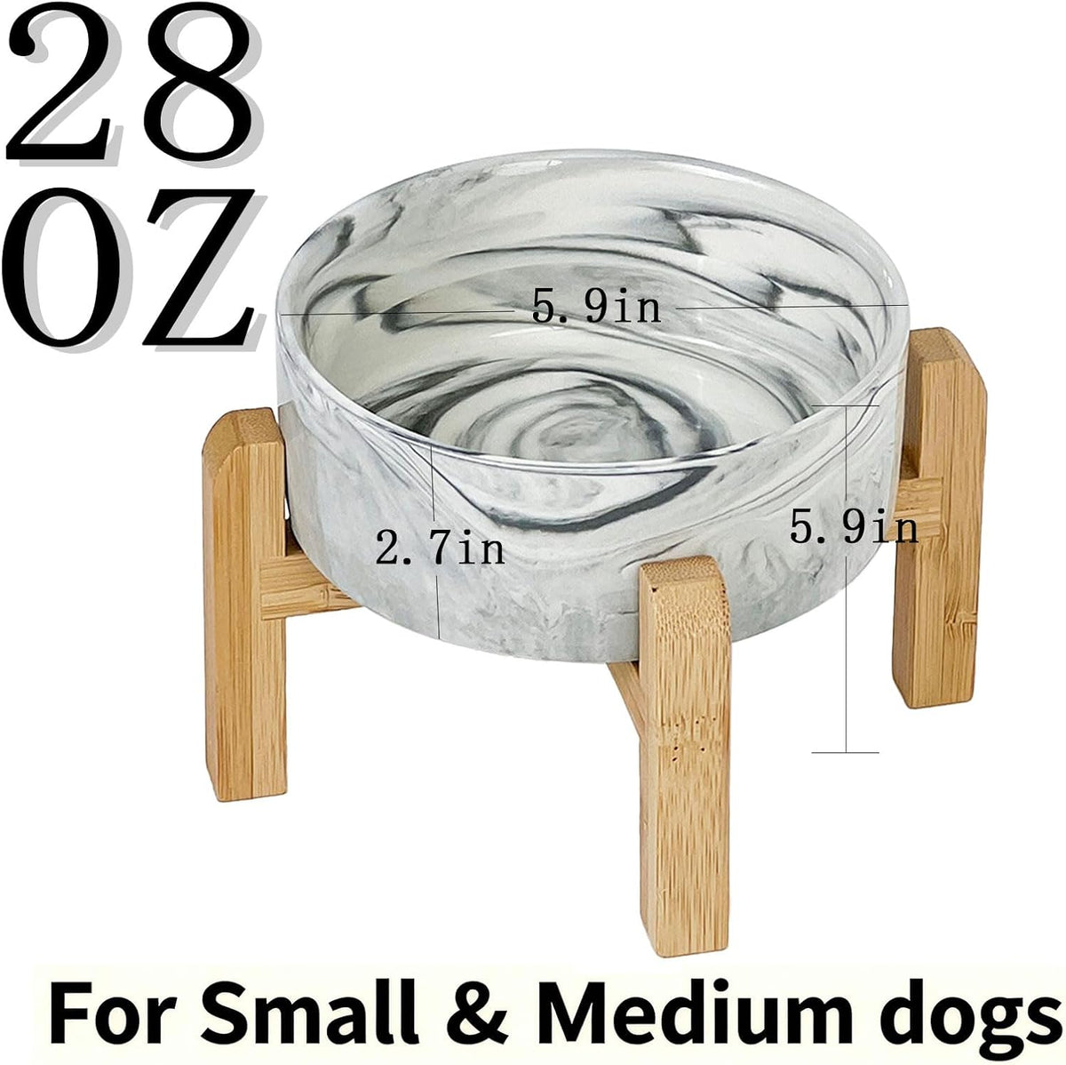 Elevated/Raised Ceramic Dog Bowl with Bamboo Stand，6 Inch 3.6 Cups - Marble Gray / Medium - image 2