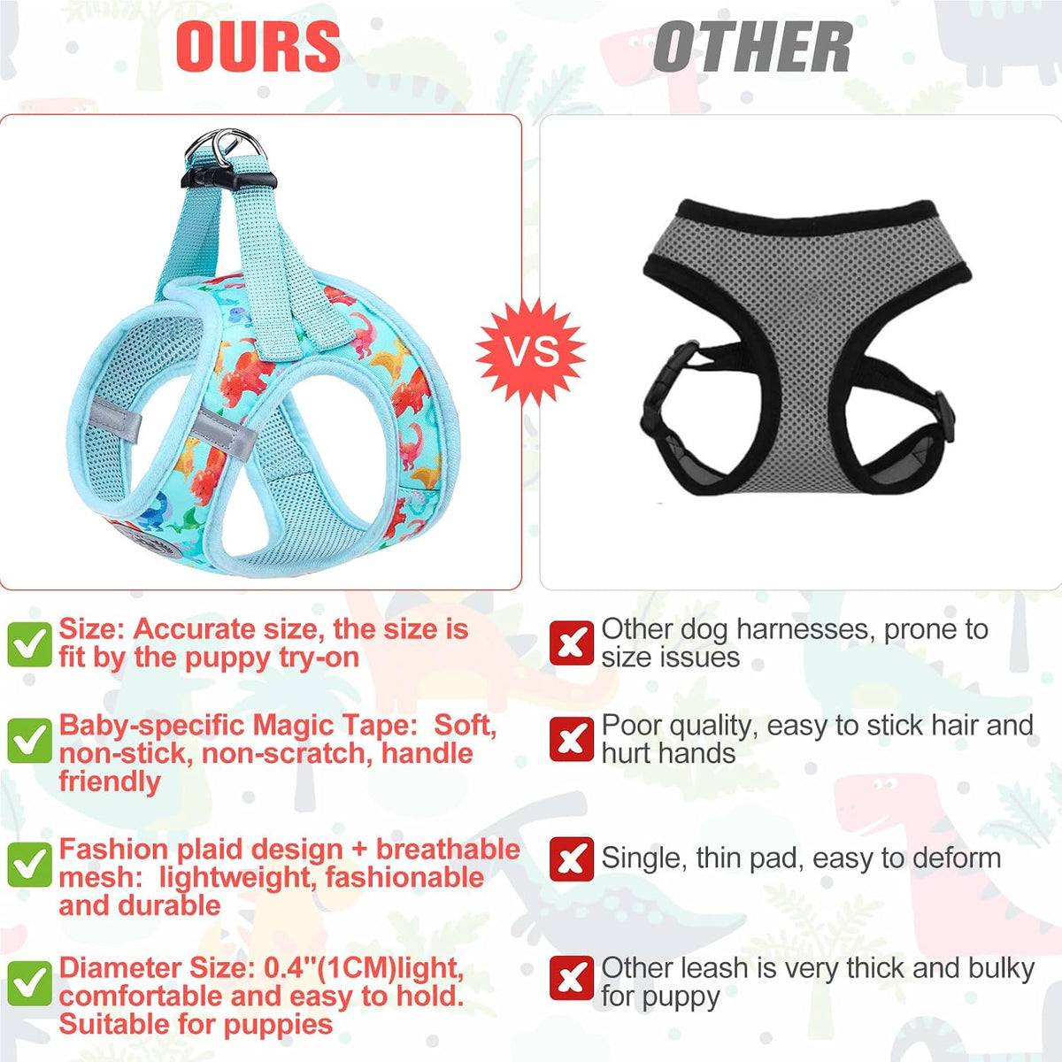 Small Dog Harness and Leash Set, No Pull Puppy Pet Vest, S - Medium(Chest Girth 16" - 18") / Dinosaurs Pattern - image 4