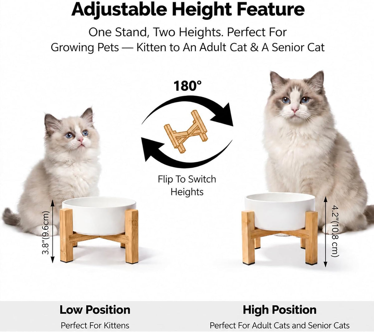 Elevated Cat Water Bowl, Ceramic Raised Cat Food Bowl with Adjustable Bamboo Stand, 5.1" Compact - Small / Pink - image 3