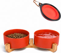 Ceramic Cat Dog Bowl Set with Stand - Rust Red / 850ML*2