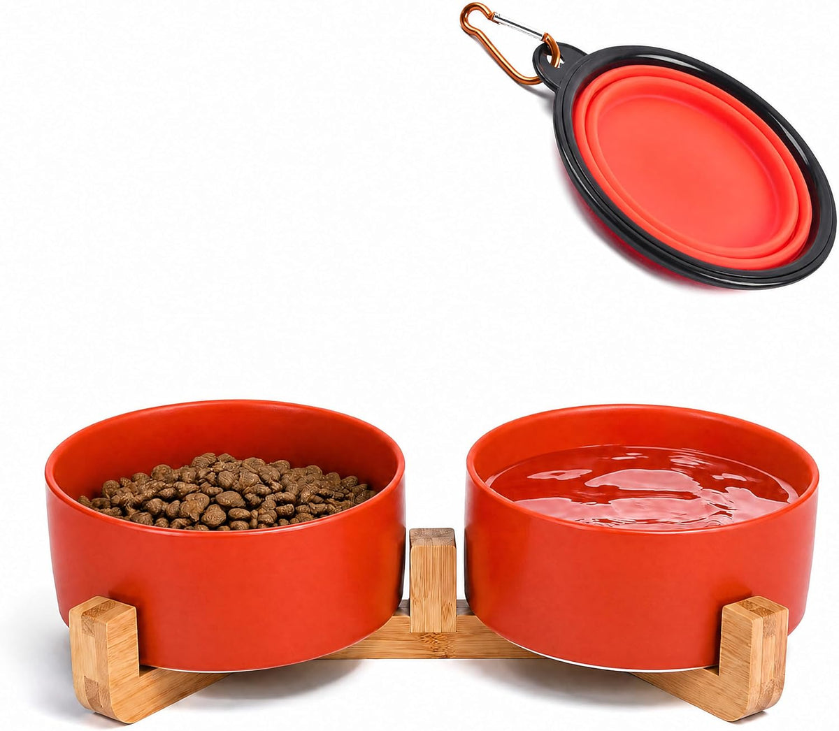 Ceramic Cat Dog Bowl Set with Stand - Rust Red / 850ML*2