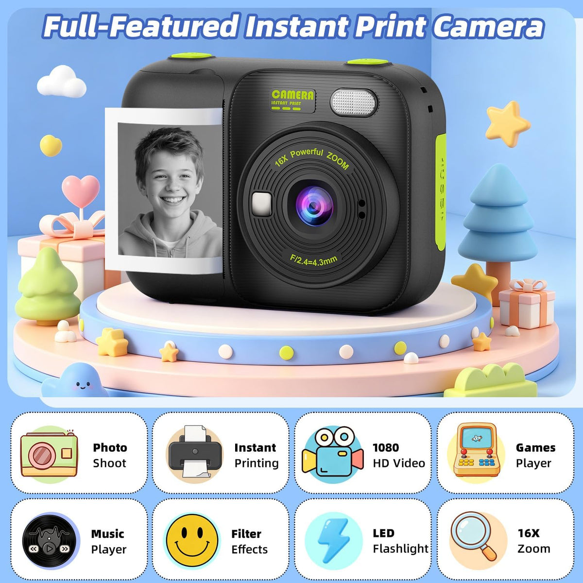 Kids Instant Print Camera with 5 Rolls Print Paper - Black - image 3