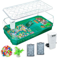Aquatic Turtle Tank Habitat Kit Stone+Filter+Heat Lamp Enhancing Interaction with 360° Viewing, Standalone Filtration, DIY Creative Zone, Enriched Living (Green, XL[Without Light])