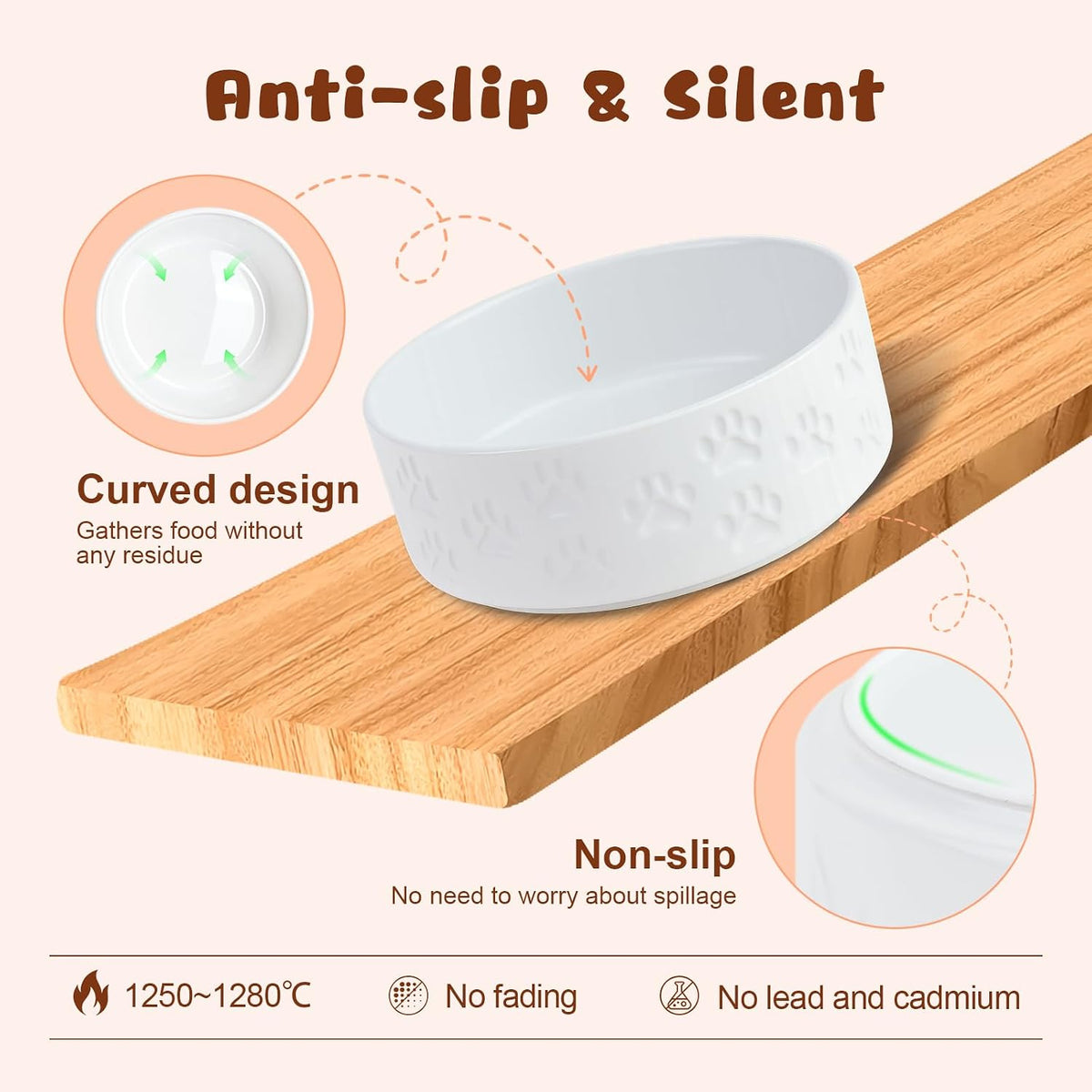 SPUNKYJUNKY Ceramic Dog Bowls with Acacia Wood Stand - 42.27 oz / Dog Paw White - image 4