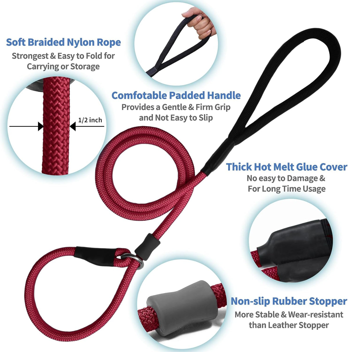 Strong Slip Rope Dog Training Leash - 1/2" x 4ft / Wine Red - image 4