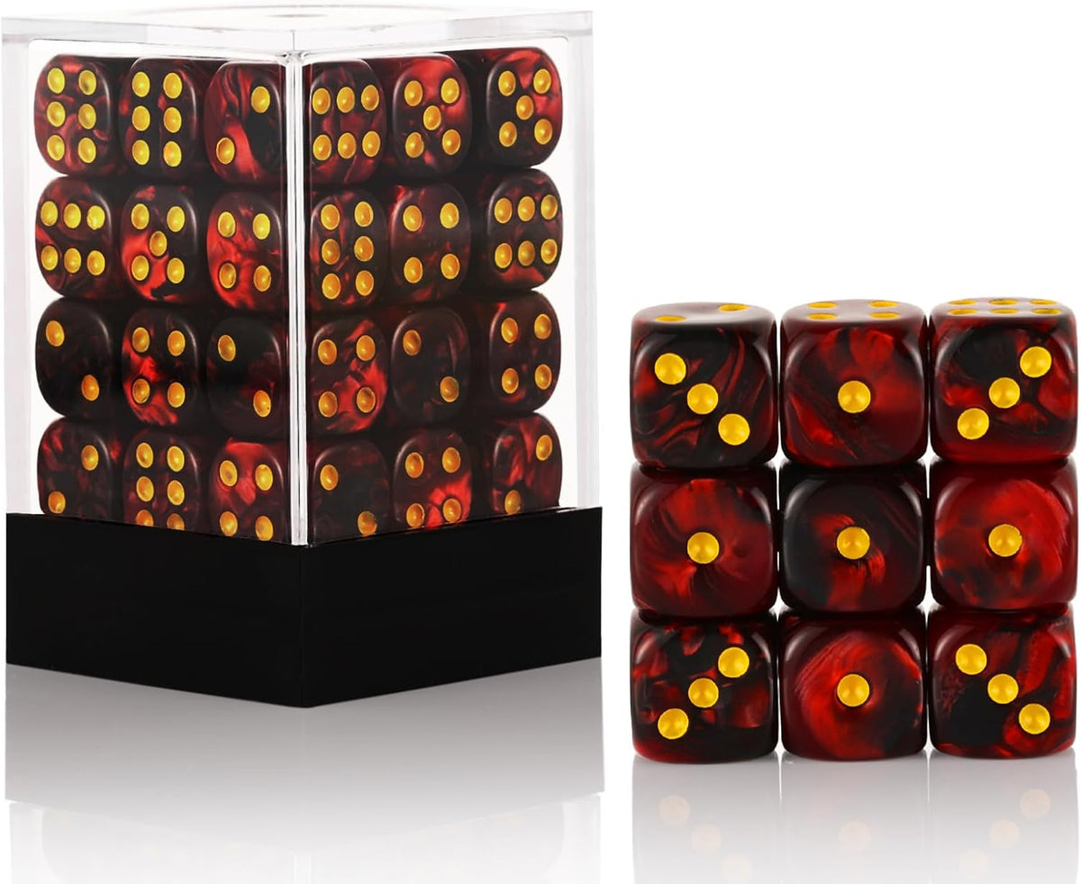 24 of Pack 16MM 6 Sided Dice Set, Two Colours D6 Game Dice Set - Dark Red Black Swirl