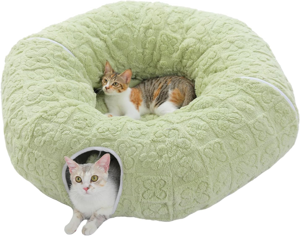 PEQULTI Beige Donut Cat Tunnel Bed Washable Plush Mat Multi for Small - Green