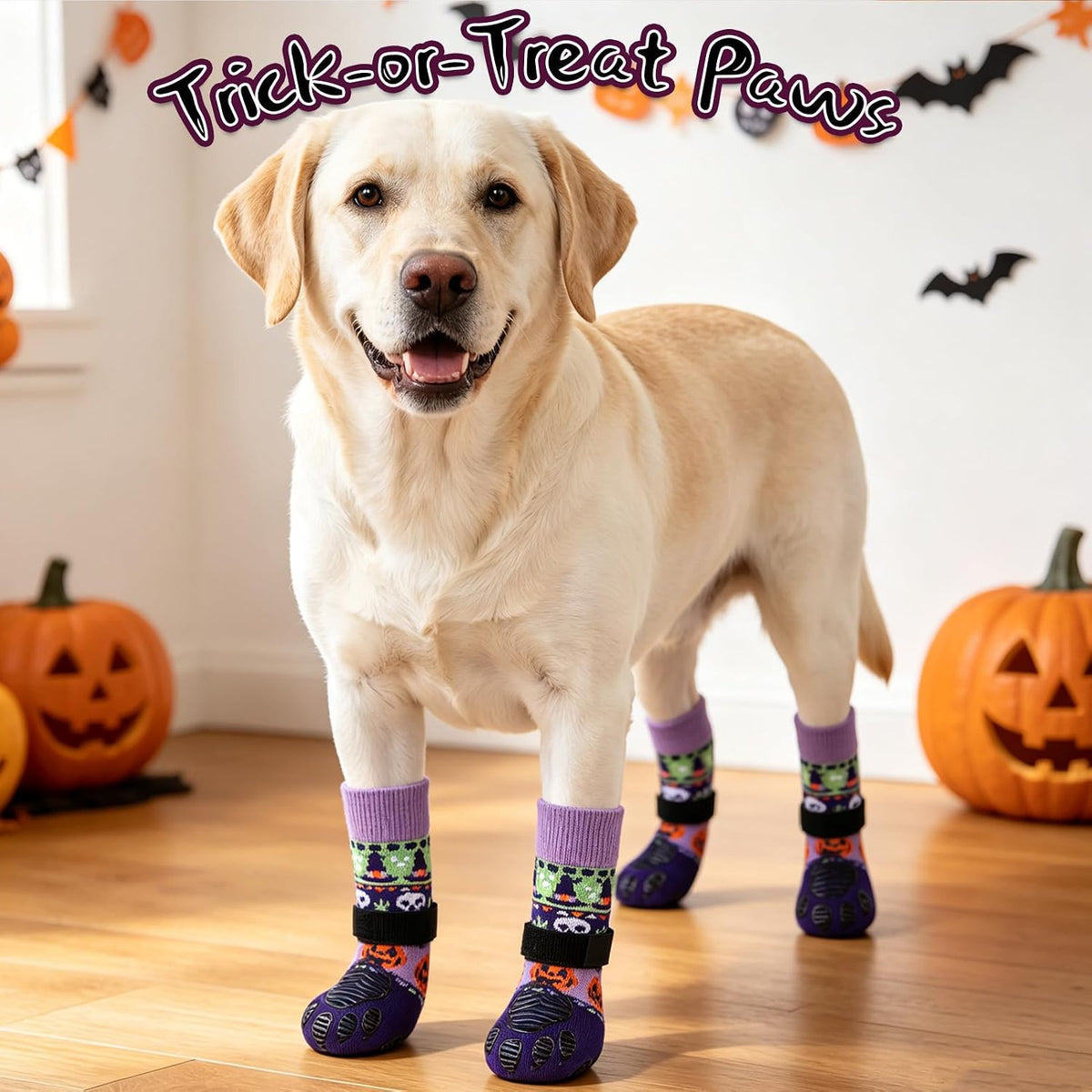 Anti Slip Dog Socks to Prevent Licking Paws with Grippers Black – Essentials for Dogs - Halloween Purple / Large - image 2