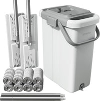 JOYMOOP Mop and Bucket with Wringer Set for Floor Cleaning and Wall Cleaner, Flat Mop and Bucket System Set with 2 Mops and 8 Large Microfiber Pads - White