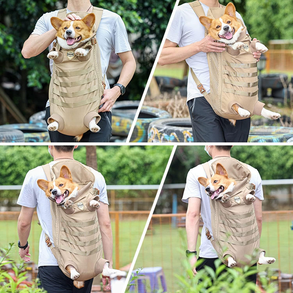 FLAdorepet Tactical Dog Backpack Carrier Front Back Bag for Medium - khaki / 21.7"L x 14.2"W x 4.5"H - image 2