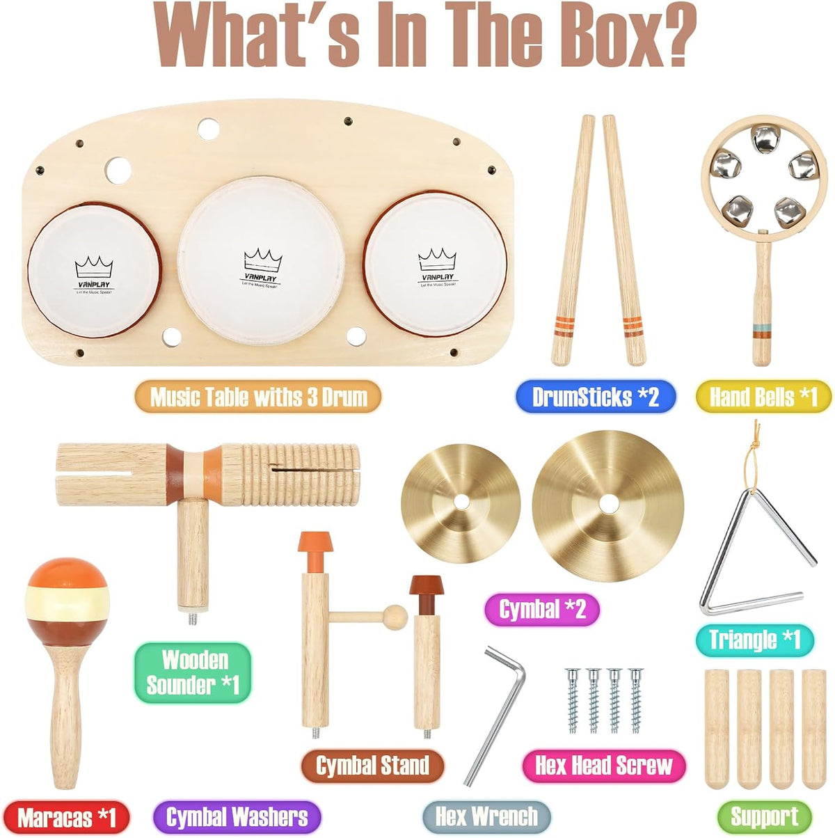 Vanplay Kids Drum Set, Montessori Toys for 2 3 Year Old Boy Girl Gifts – Fun for Kids & Family - Beige, Brown - image 4