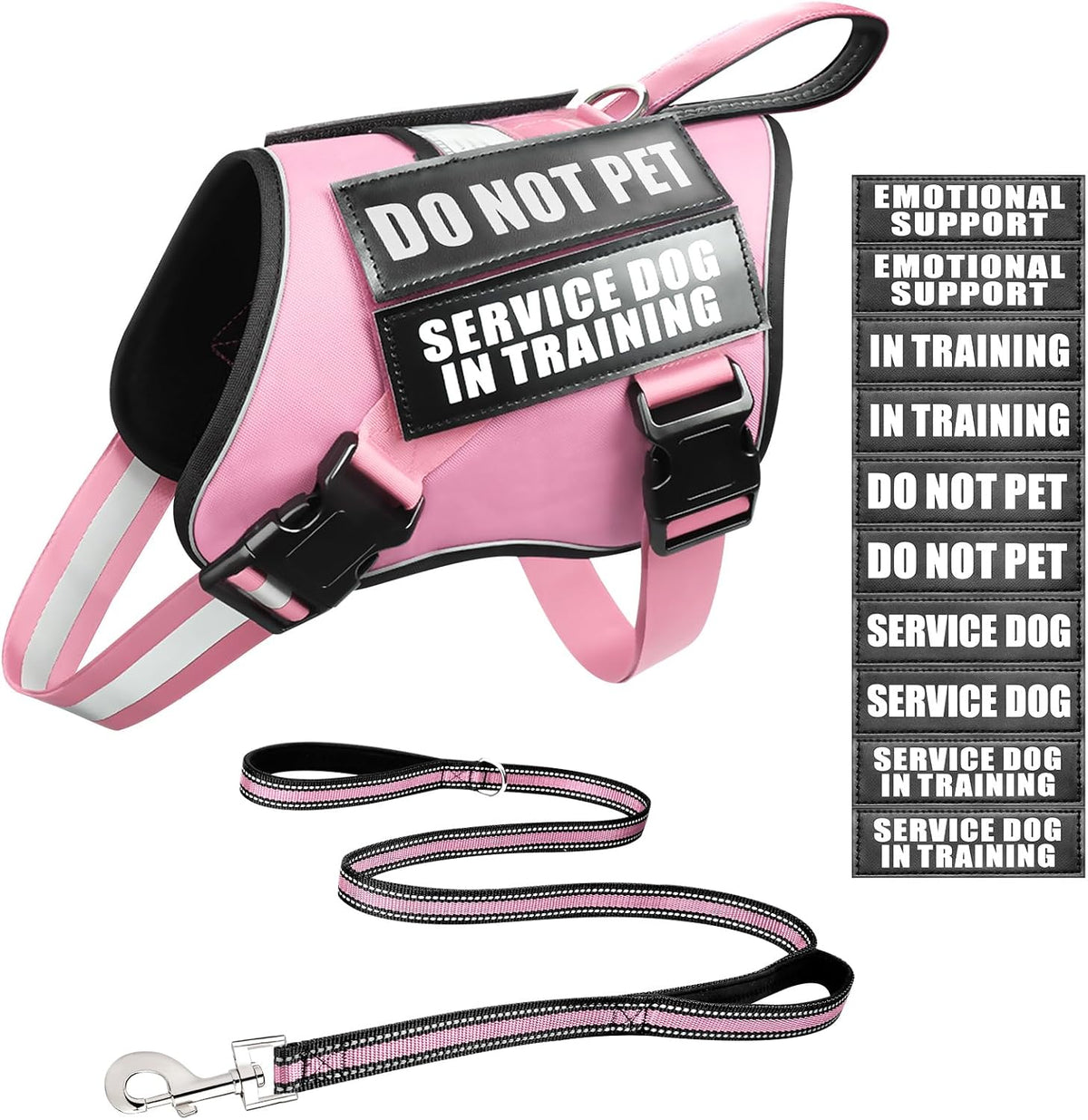 Service Dog Vest Harness and Leash Set+10 Patches - Small / Pink