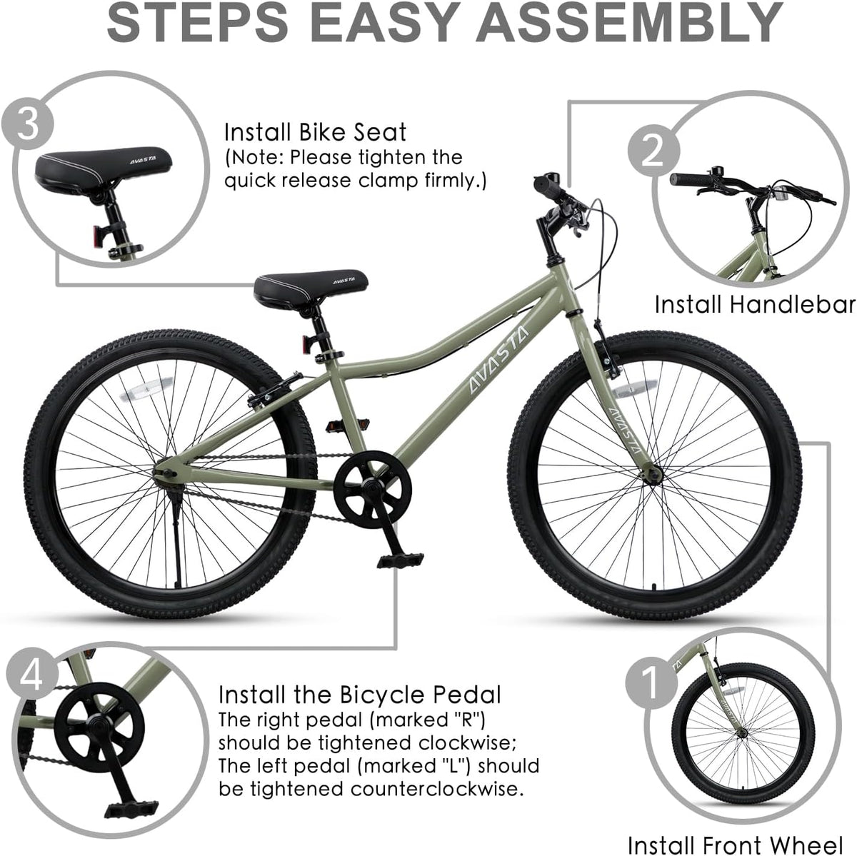 AVASTA Bilbo 18 20 24 Inch Kids Bike for Boys Girls Youth 5-14 Years - Army Green / 24 Inch with Kickstand - image 3