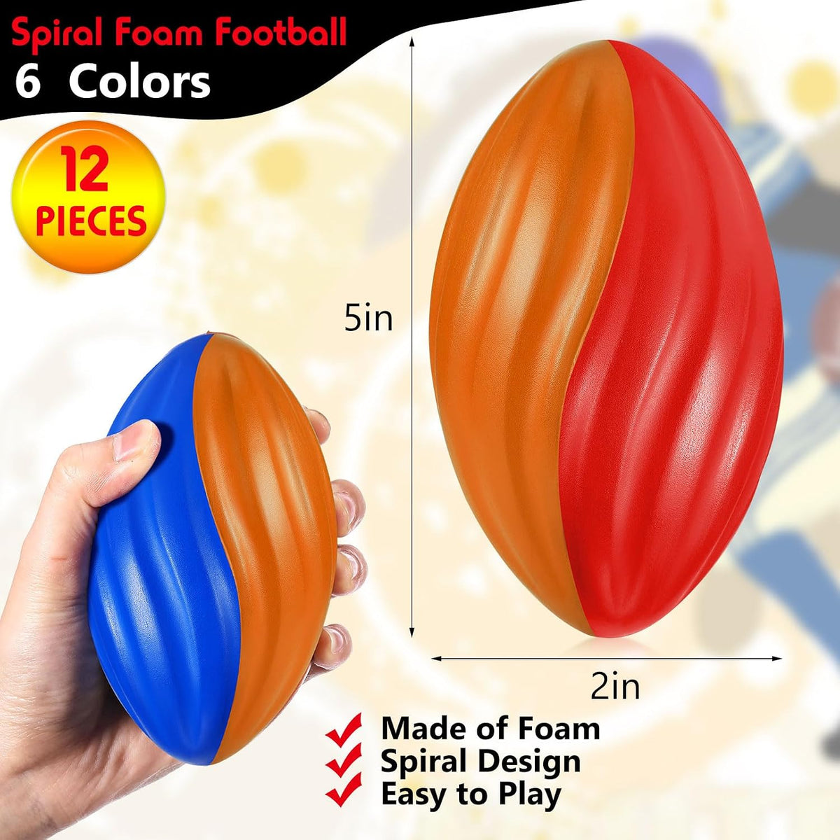 Jerify mini foam footballs for kids, 12 soft 5 inch spiral balls in 6 two-tone colors - view 18