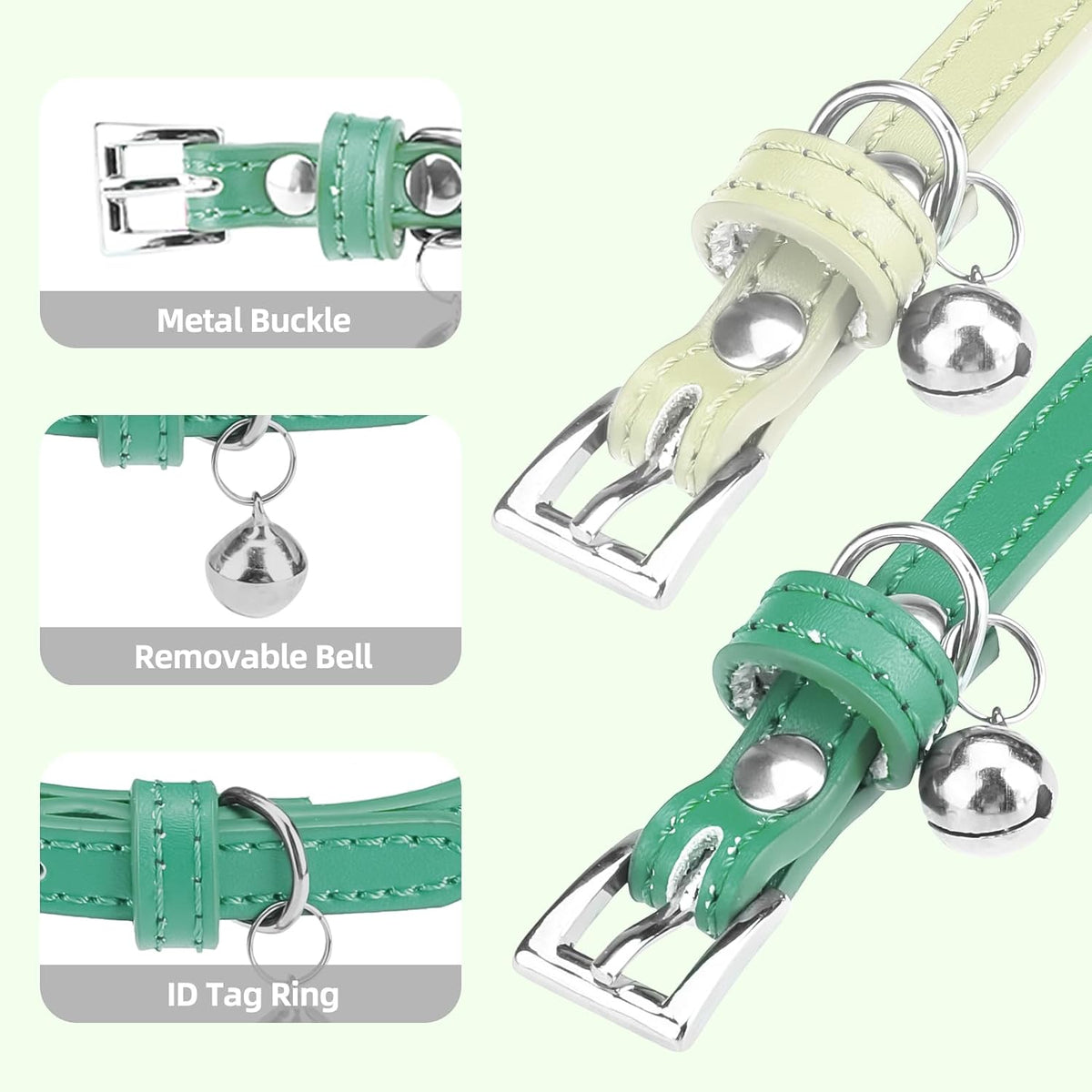 PUPTECK 2 PCS Soft Genuine Leather Cat Kitten Collar with Bells - Blue Green & Bubble Green - image 3