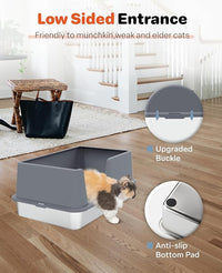 Stainless Steel Litter Box with Lid, 23.5" L x 15.8" W x 10.5" H, Large Metal Cat Box for Big Cats, High Sided Kitty Litter Box with Scoop & Pee Pads, Non-Sticky, Anti-Leakage, Easy to Clean (Gray)