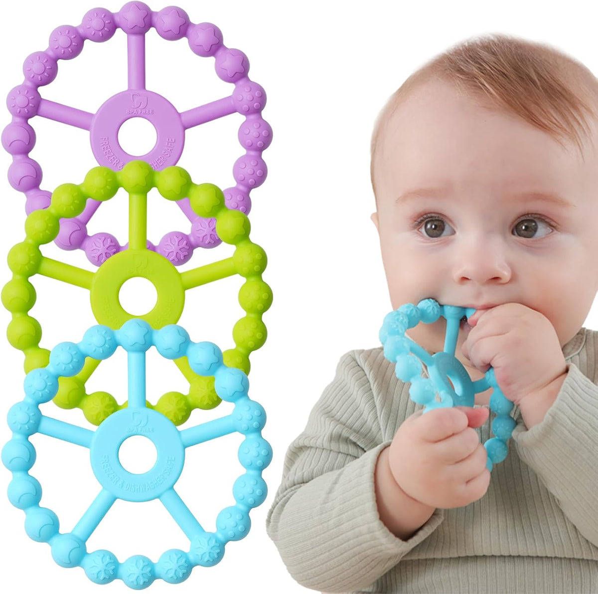 3 Pack Ring Teether Baby Infant Toys, Baby Essentials - Light Purple Green Blue