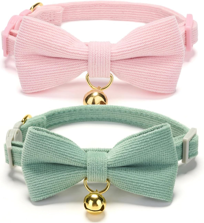 2 Pack Soft Corduroy Cat Collars with Bow Tie & Bell Adjustable - XS:Neck 6" - 9.4" / Corduroy-Pink Grass Green