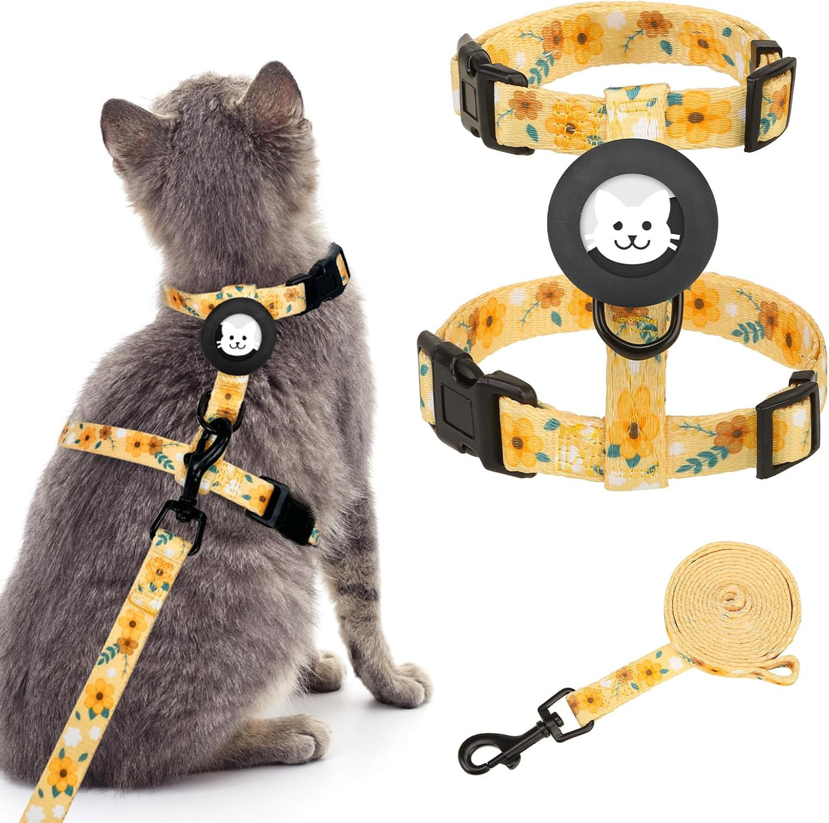 BINGPET Cat Harness with Airtag Holder - Yellow Flower (Buckles on Neck & Chest)