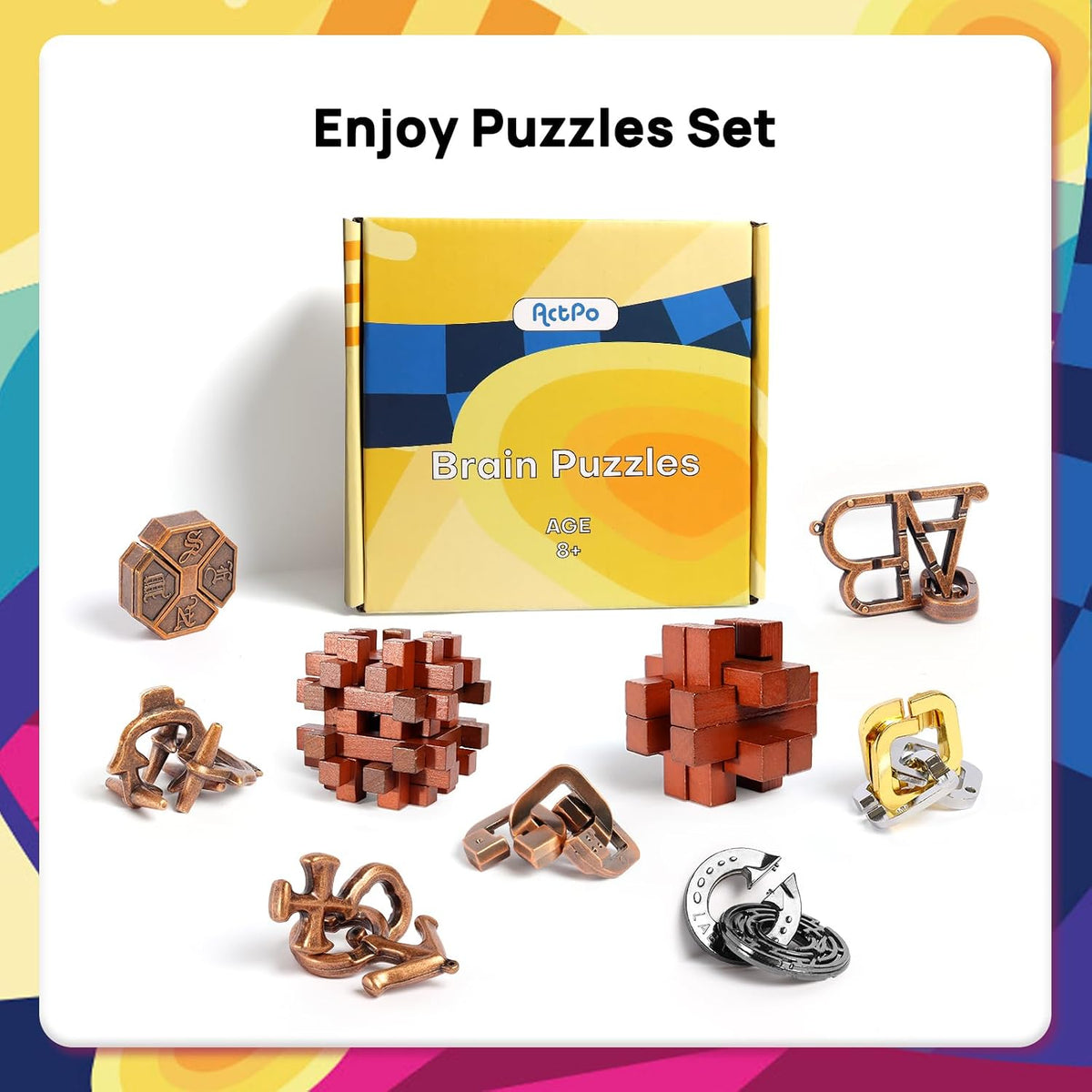 ActPo 9 piece brain teaser puzzles set with metal and wooden 3D puzzles - view 7