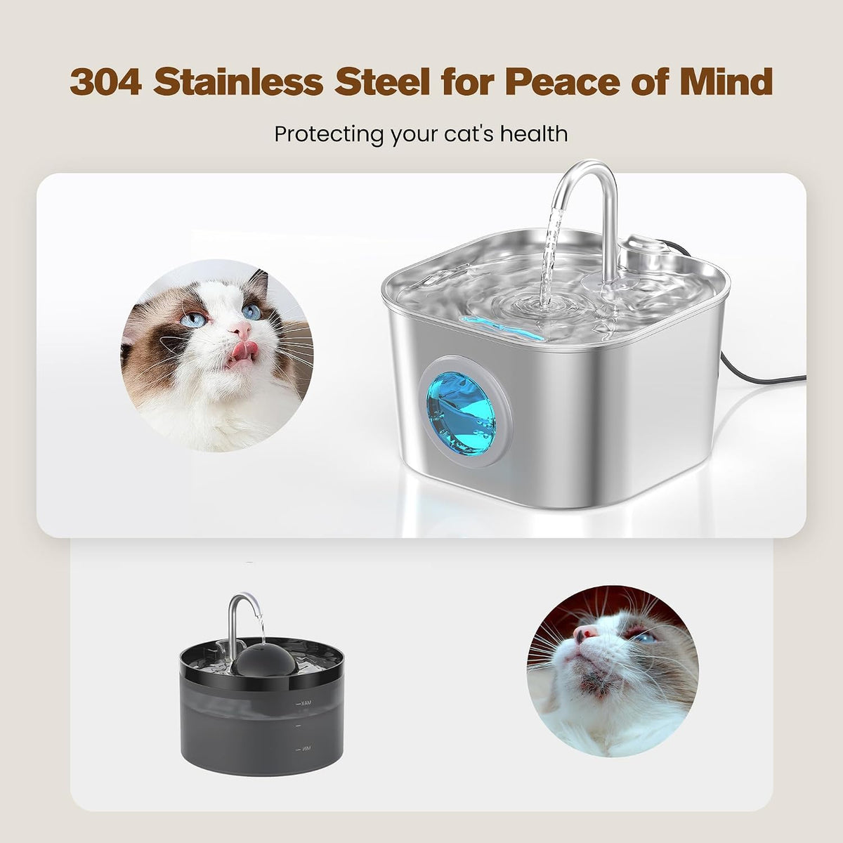 Cat Water Fountain Stainless Steel: Pet Fountains for Cats/Dog Indoor - 74oz/2.2L Cat Fountain + 3 Filters - image 2