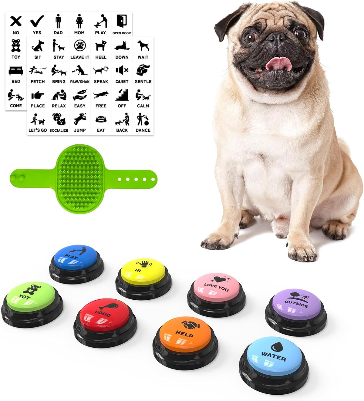 Fzixvow 8-pack recordable dog talking buttons with non-slip mat and brush
