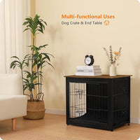 DWANTON Dog Crate Furniture with Cushion, Wooden Kennel Table with Double Doors, Indoor Dog House, Small/Medium/Large Size, 27.2" L, Black+Warm Brown