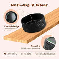 SPUNKYJUNKY Ceramic Elevated Dog Bowl Set with Acacia Wood Stand for Food and Water for Cats and Small Dogs (13.52 OZ, Black, Dog Paw Pattern)